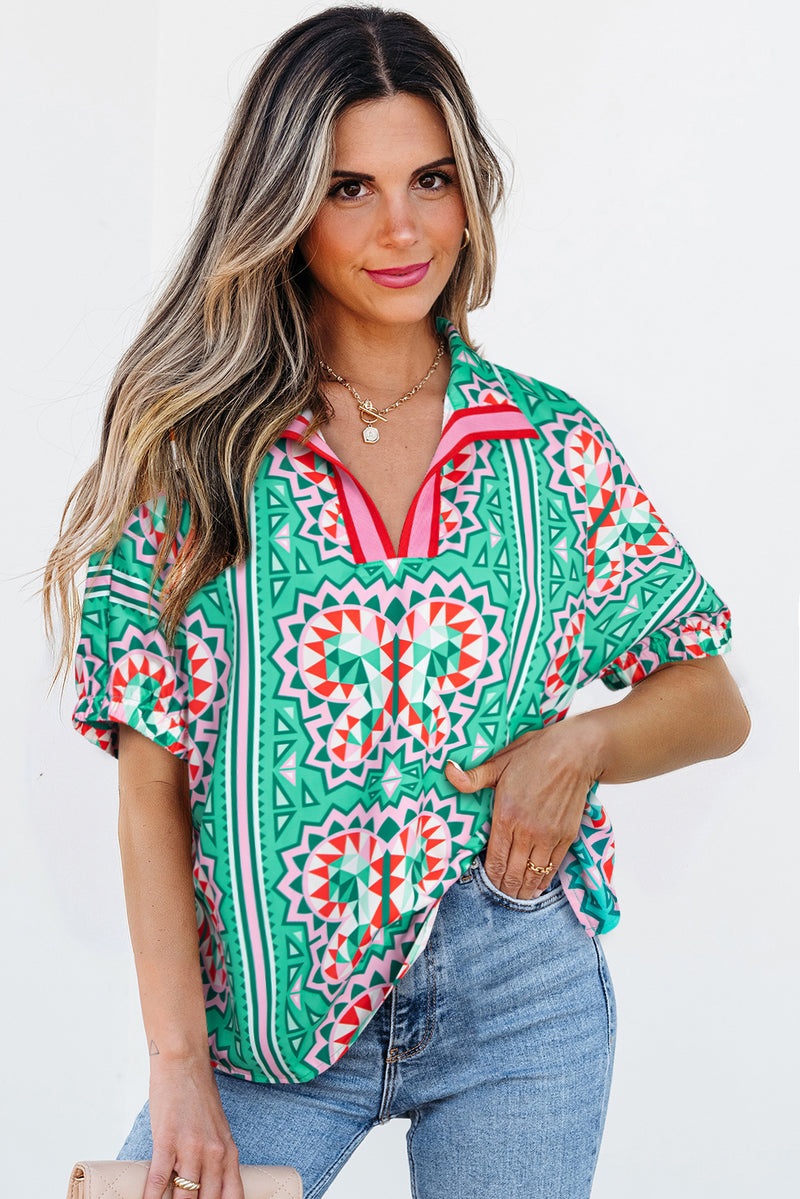Boho Abstract Print Contrast Striped Collared V Neck Blouse