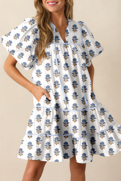 Floral Puff Sleeve Tied Neck Pocketed Mini Dress