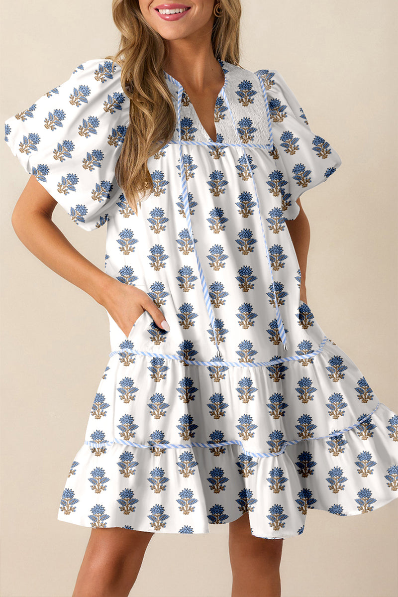Floral Puff Sleeve Tied Neck Pocketed Mini Dress