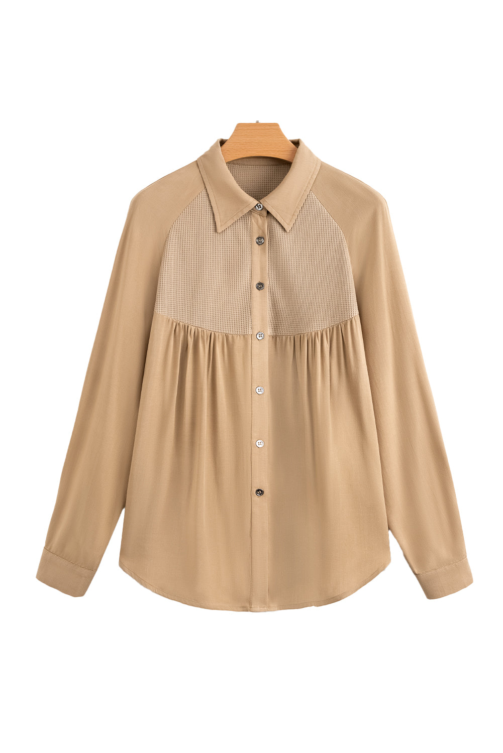 Light French Waffle Patchwork Button Up Frayed Hem Shirt