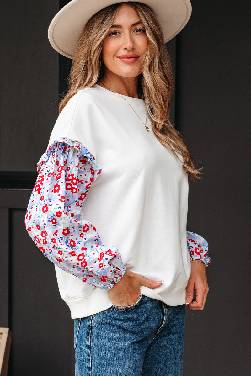 Floral Ruffled Balloon Sleeve Patchwork Loose Blouse