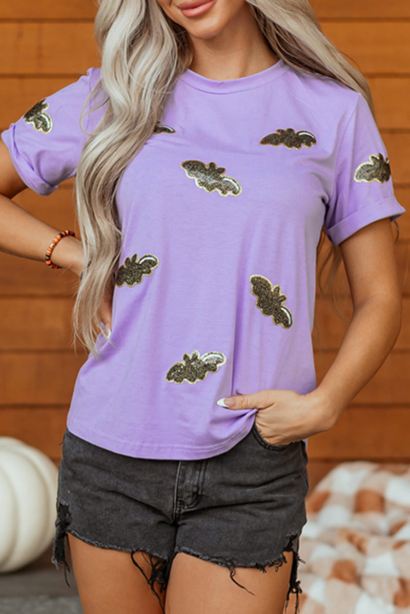 Sequin Halloween Bat Patched Casual T Shirt