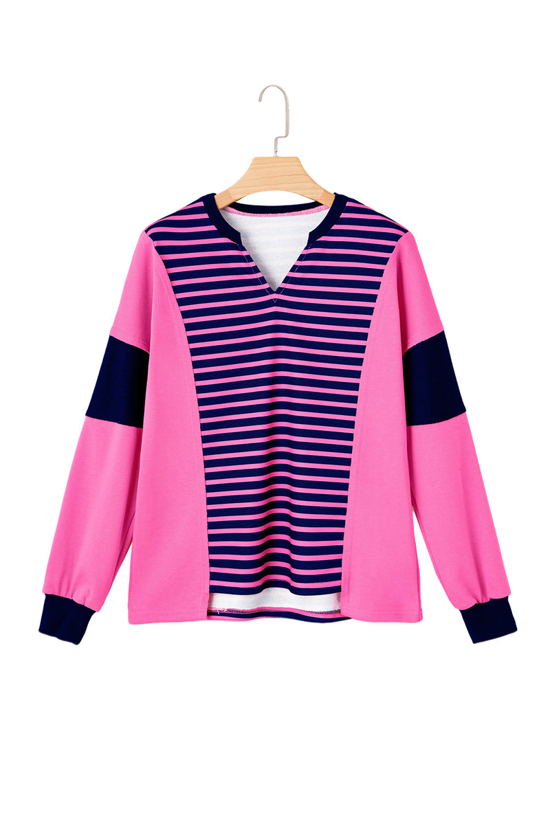 Stripe Color Block V Neck Loose Fit Long Sleeve Top
