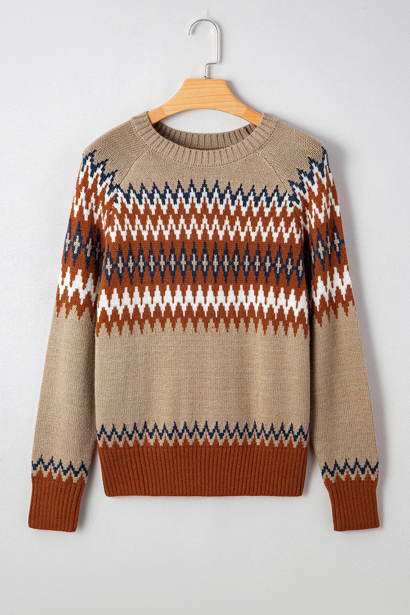 Aztec Print Colorblock Crew Neck Sweater