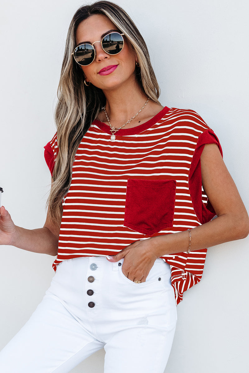 Stripe Chest Pocket Patch Round Neck Tank Top