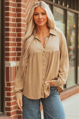 Light French Waffle Patchwork Button Up Frayed Hem Shirt