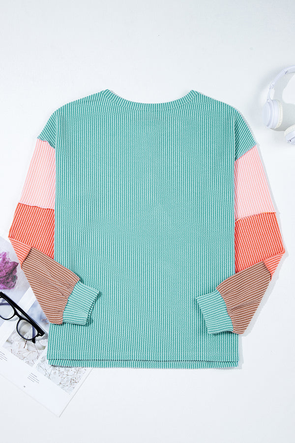 Multicolour Twisted Ribbed Knit Colorblock Henley Top