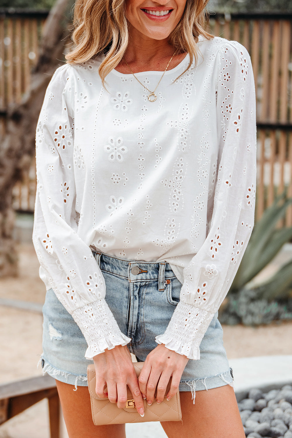 Eyelet Embroidered Smocked Cuff Sheer Blouse