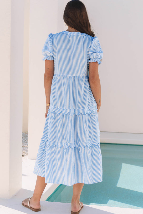 Stripe Bubble Short Sleeve Tiered Scallop Long Dress