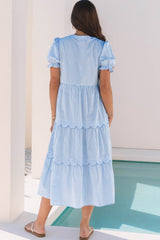 Stripe Bubble Short Sleeve Tiered Scallop Long Dress