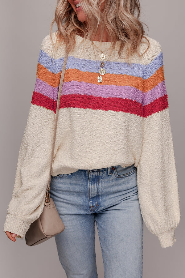 Beige Striped Color Block Loose Sleeve Chic Sweater