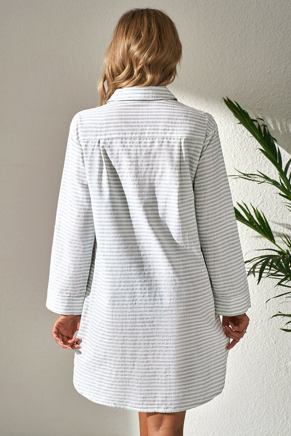 Stripe Collared V Neck Chest Pocket Long Sleeve Beach Cover up