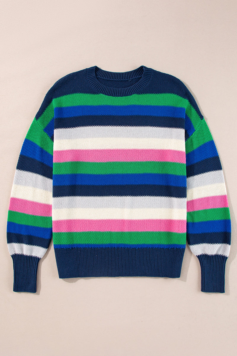 Rainbow Striped Crew Neck Drop Shoulder Sweater