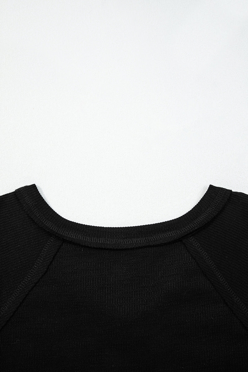 Solid Exposed Seam Textured Knit V Neck Pullover Top