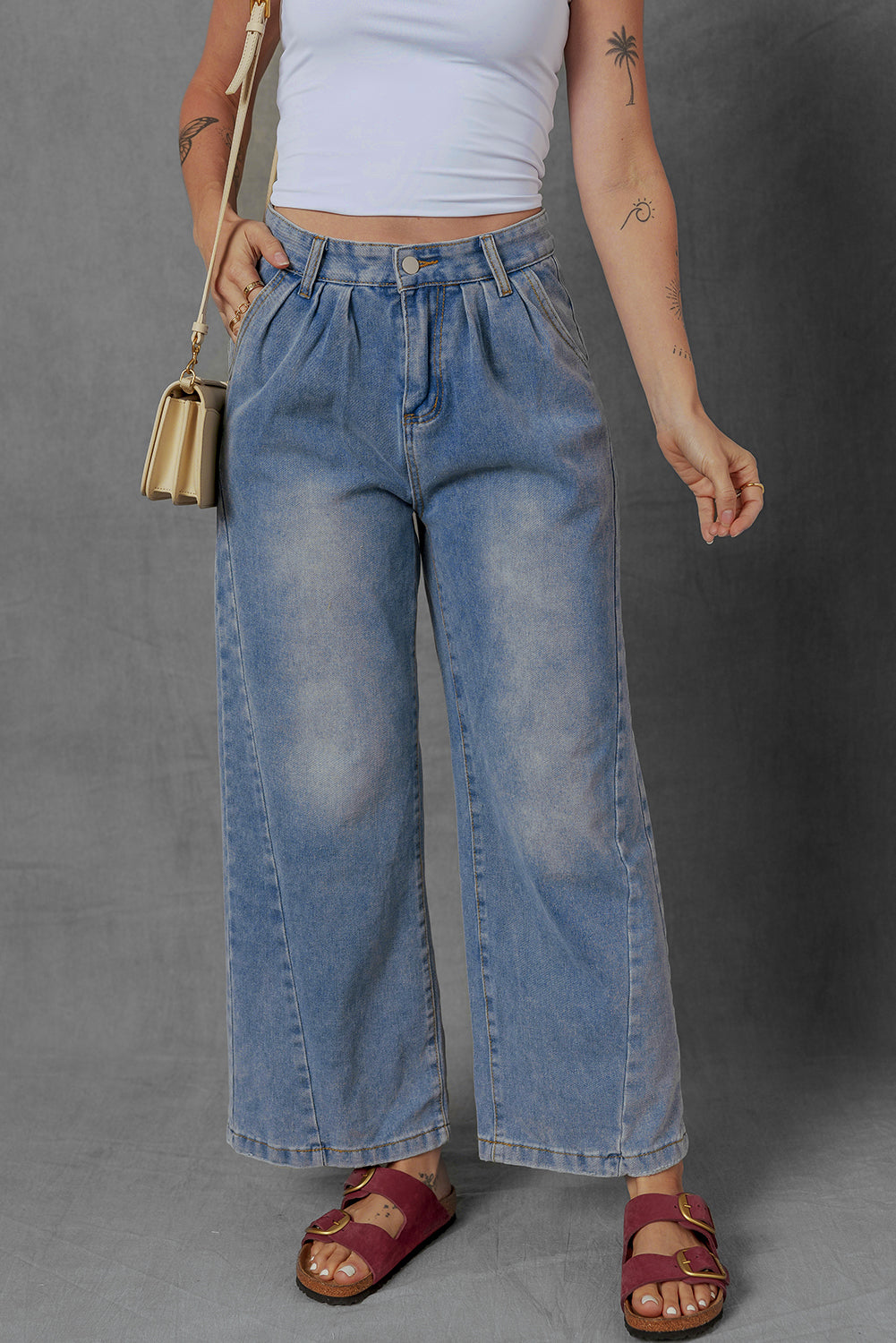 Washed Pleated Detail Wide Leg Jeans