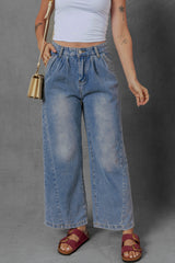 Washed Pleated Detail Wide Leg Jeans