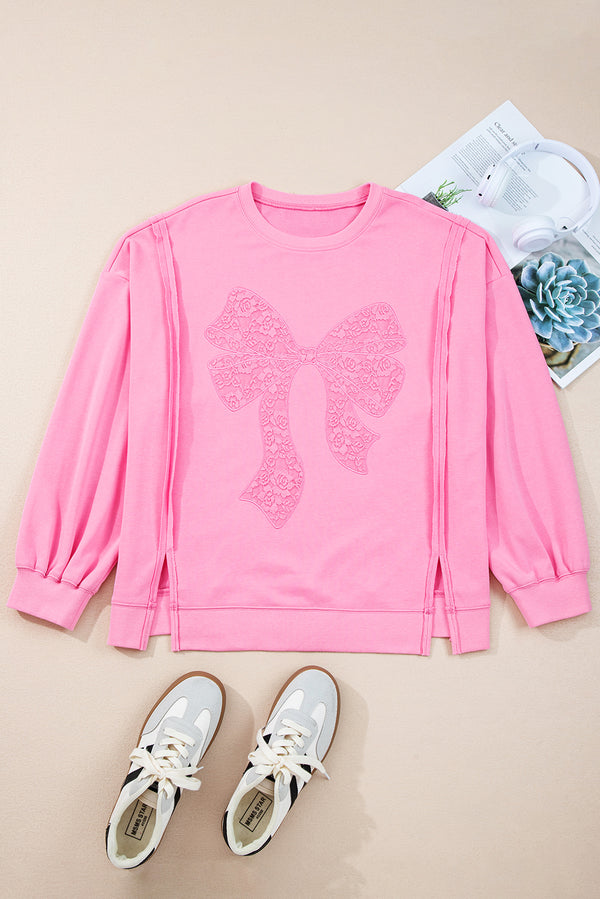 Big Bow Lace Embroidered Dolman Sleeve Slit Plus Size Sweatshirt