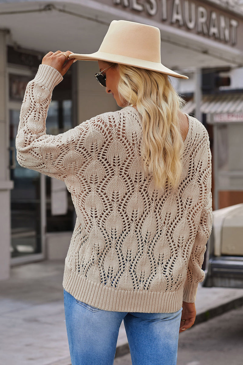 Solid Crochet Knit Ribbed Hem Hollow-out Sweater