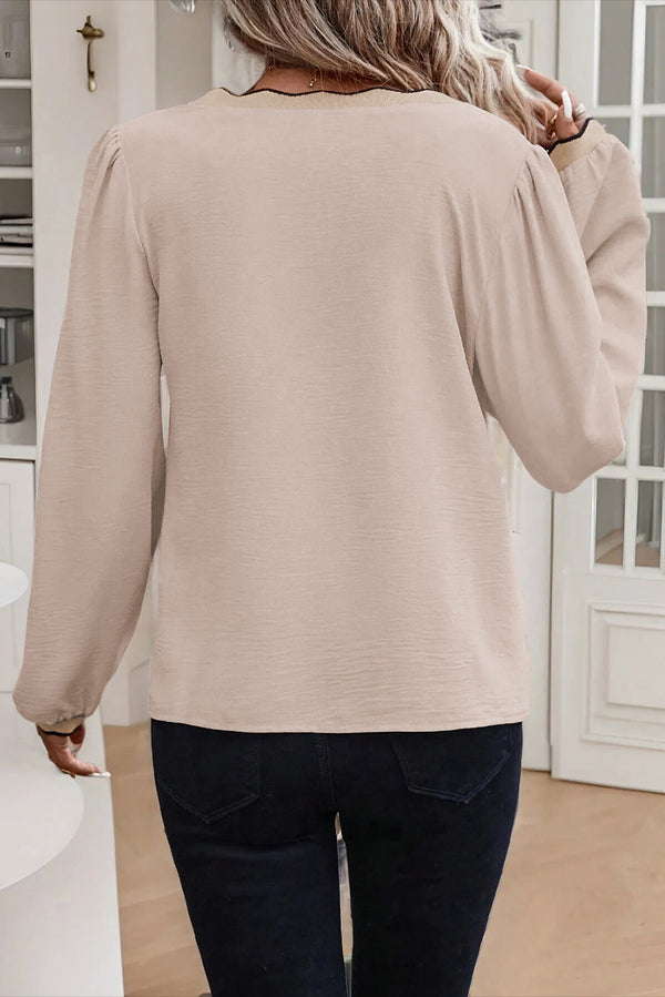 Beige Contrast Scallop Trim V Neck Long Sleeve Blouse