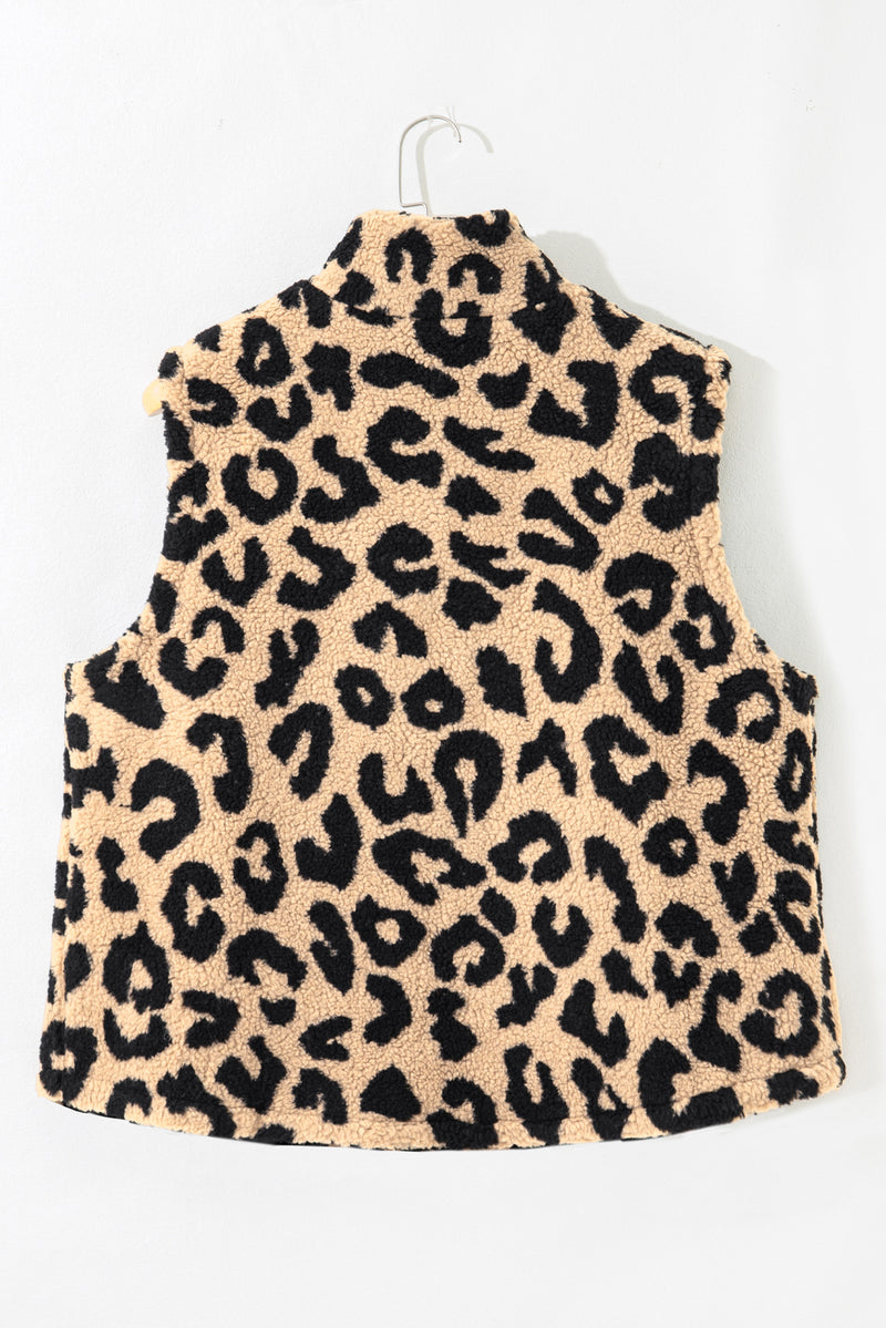 Leopard Sherpa Button Front Collared Plus Size Vest Jacket