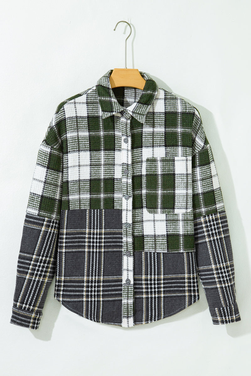 Plaid Print Textured Knit Buttoned Shacket