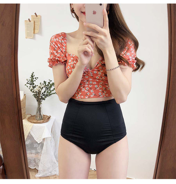 Floral Puff Sleeve Crop Top Bikini Set with High-Waist Bottoms