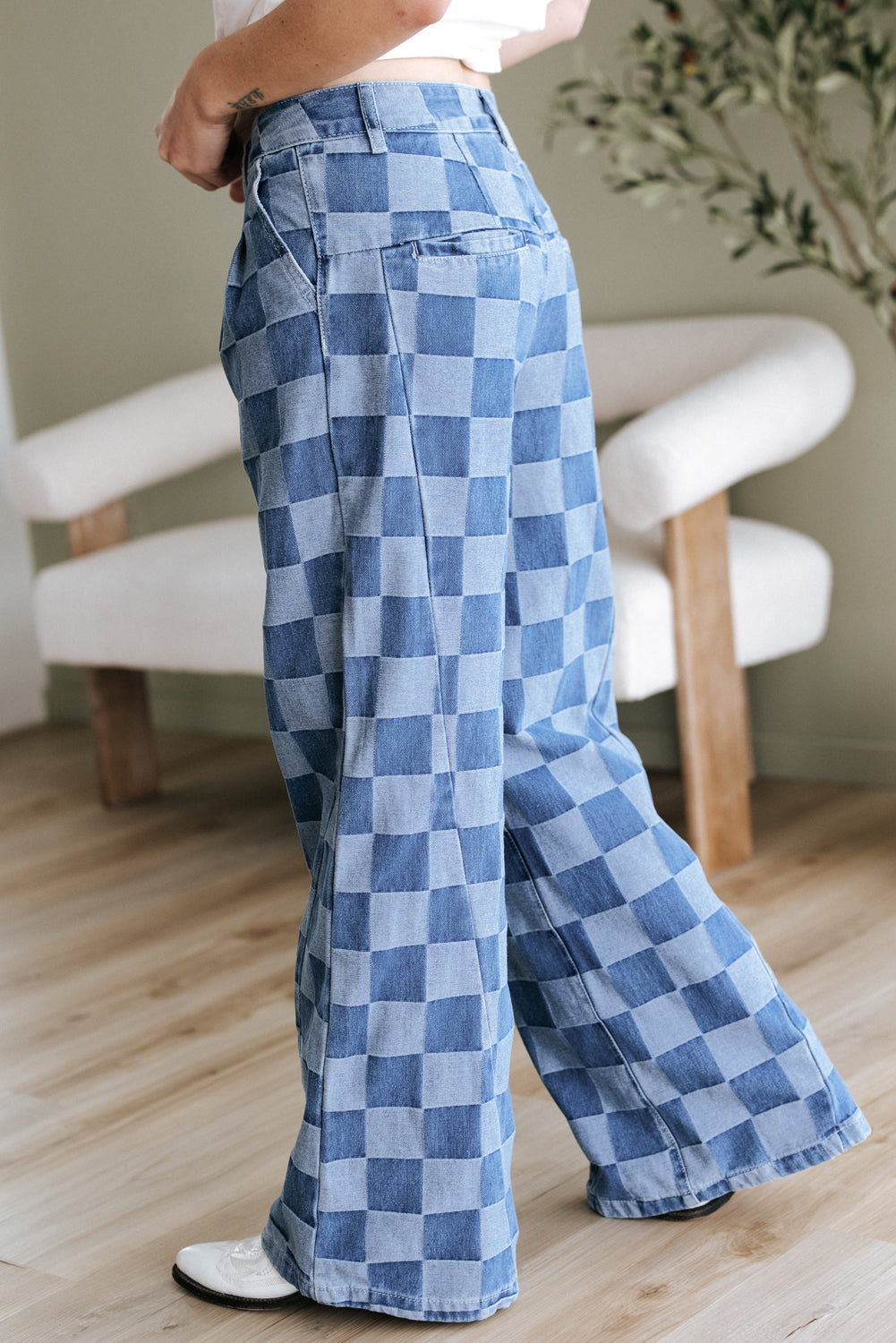 Checkered Denim Wide Leg Jeans