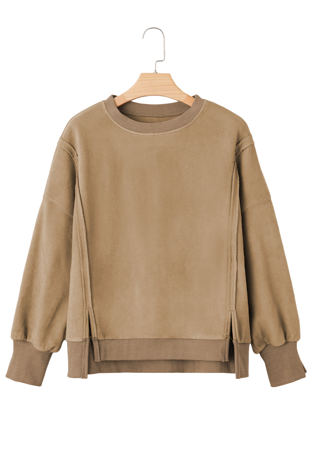 Fuzzy Sherpa Splicing Pullover Sweatshirt with Side Slit
