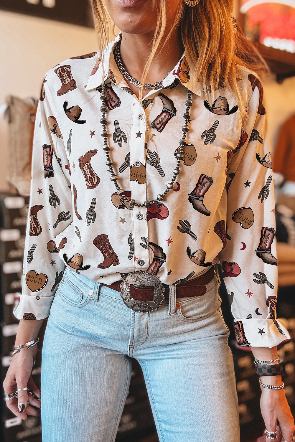 Western Fashion Print Button Up Casual Shirt