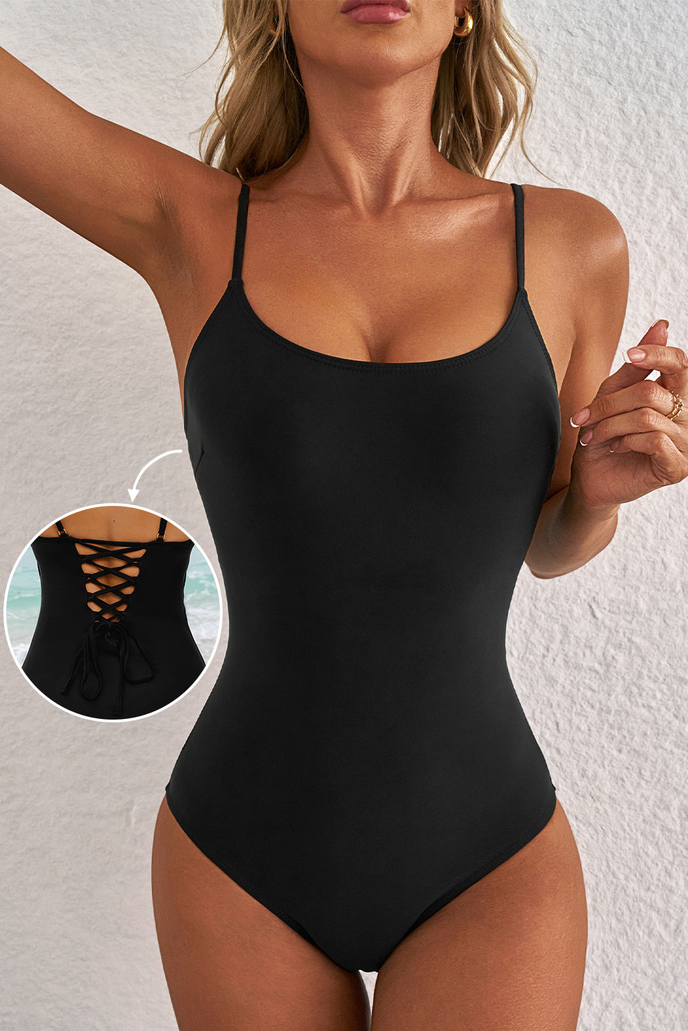 Thin Strap Strappy Lace-up Open Back One Piece Swimsuit