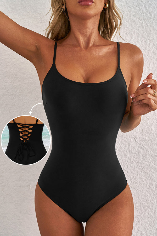 Thin Strap Strappy Lace-up Open Back One Piece Swimsuit