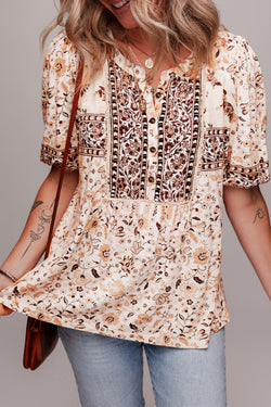 Boho Floral Print Half Placket Short Sleeve Loose Blouse