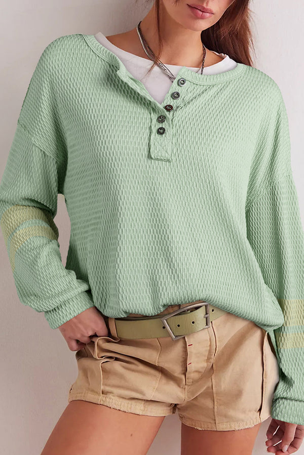 Light Green Textured Knit Drop Shoulder Color Block Detail Long Sleeve Henley Top