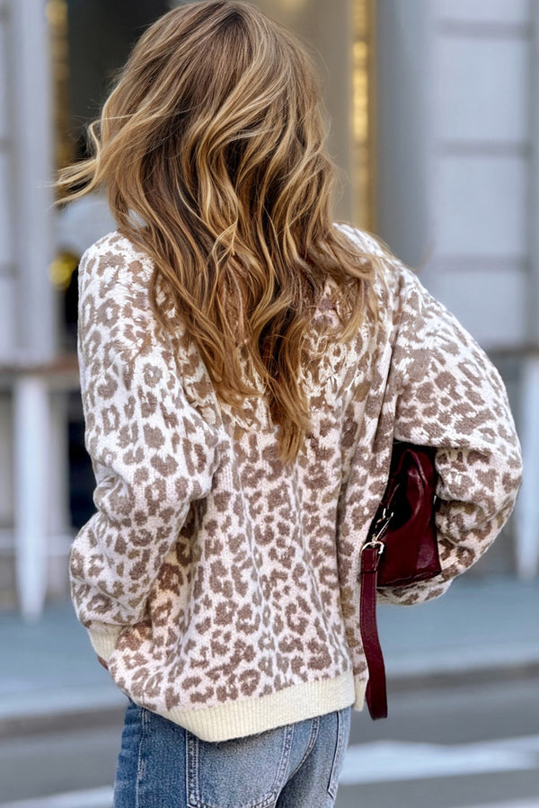 Leopard Drop Shoulder Chunky Knitted Cardigan Sweater