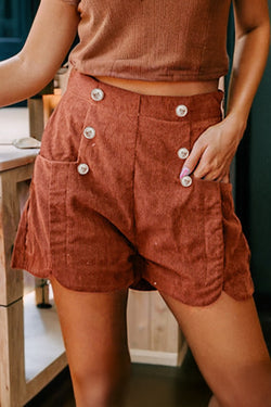 Button Decor Scalloped Edge High Waist Corduroy Shorts