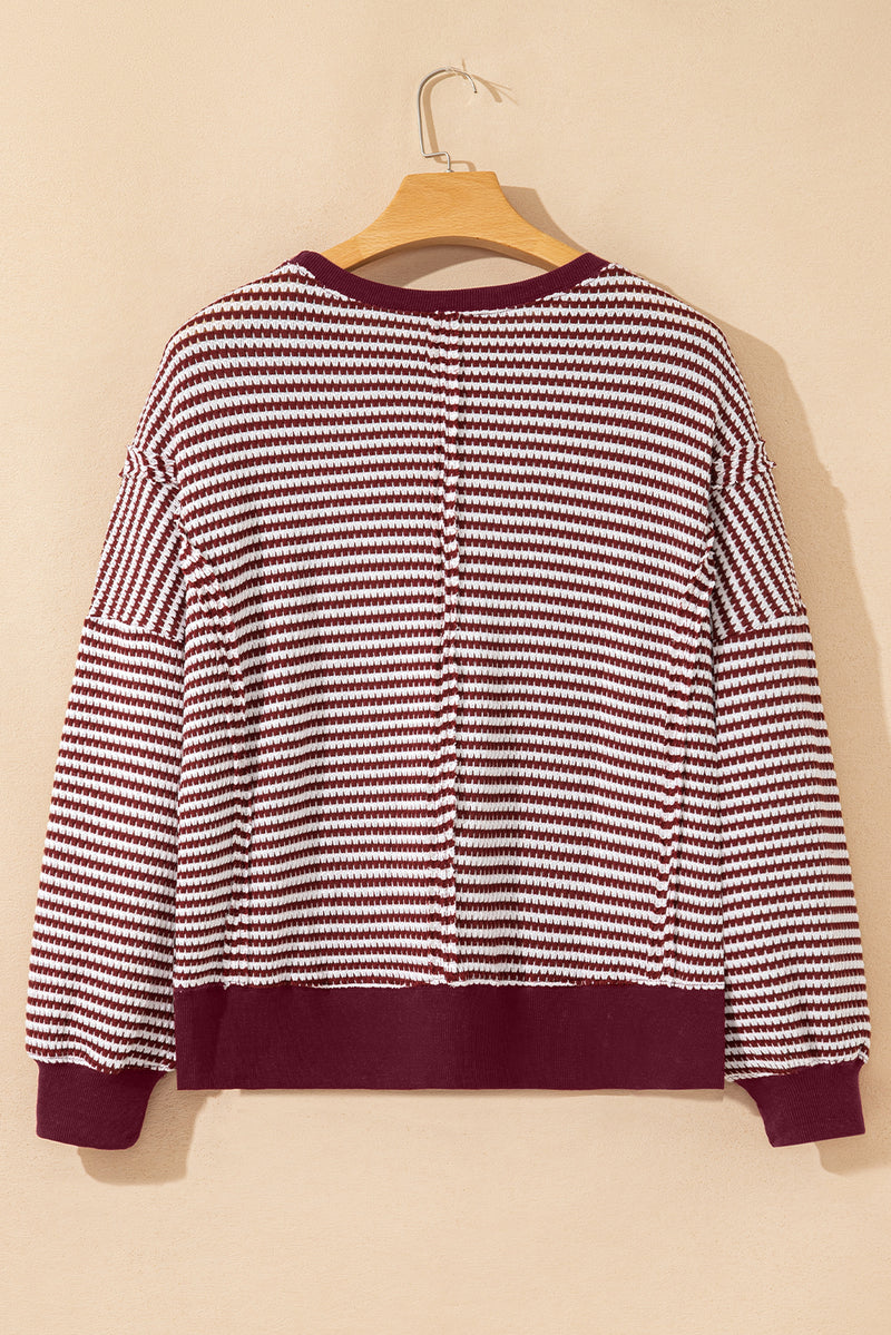 Stripe Ribbed Trim Drop Shoulder Long Sleeve Oversize Top