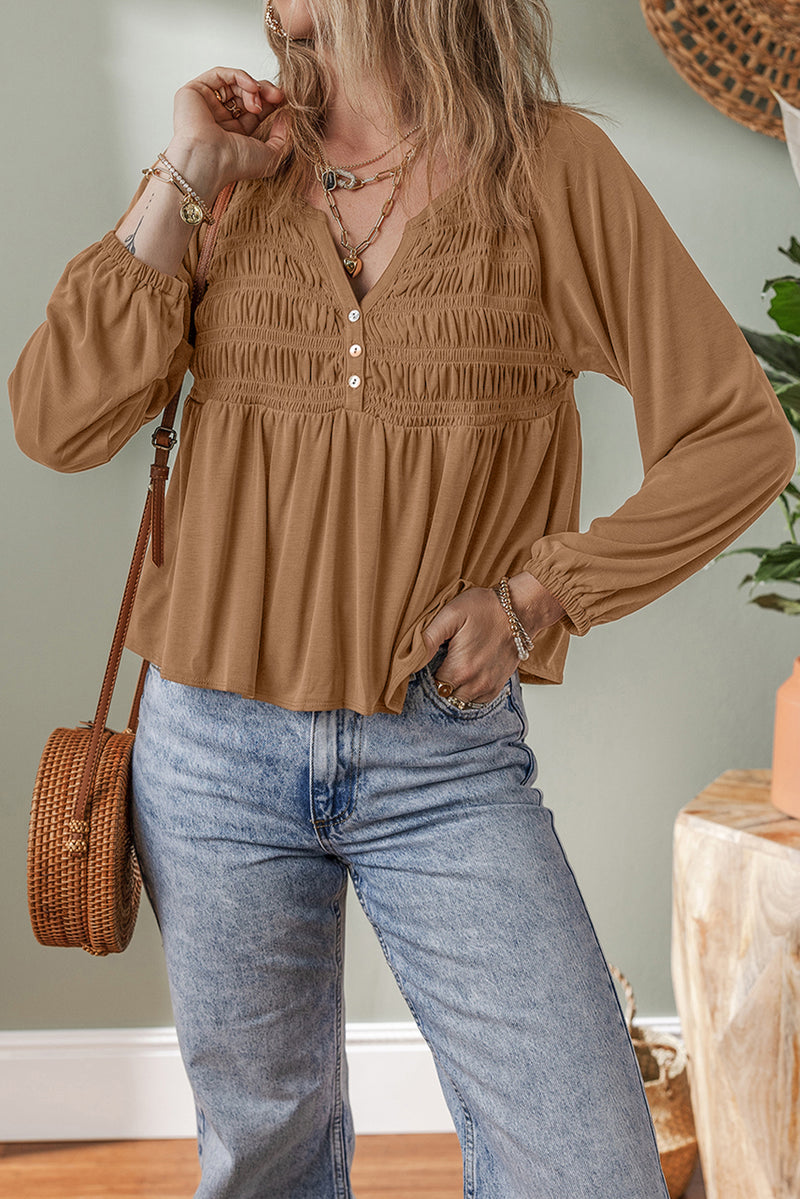 Chestnut Brown Smocked Bust Buttoned Split V Neck Flow Fit Blouse