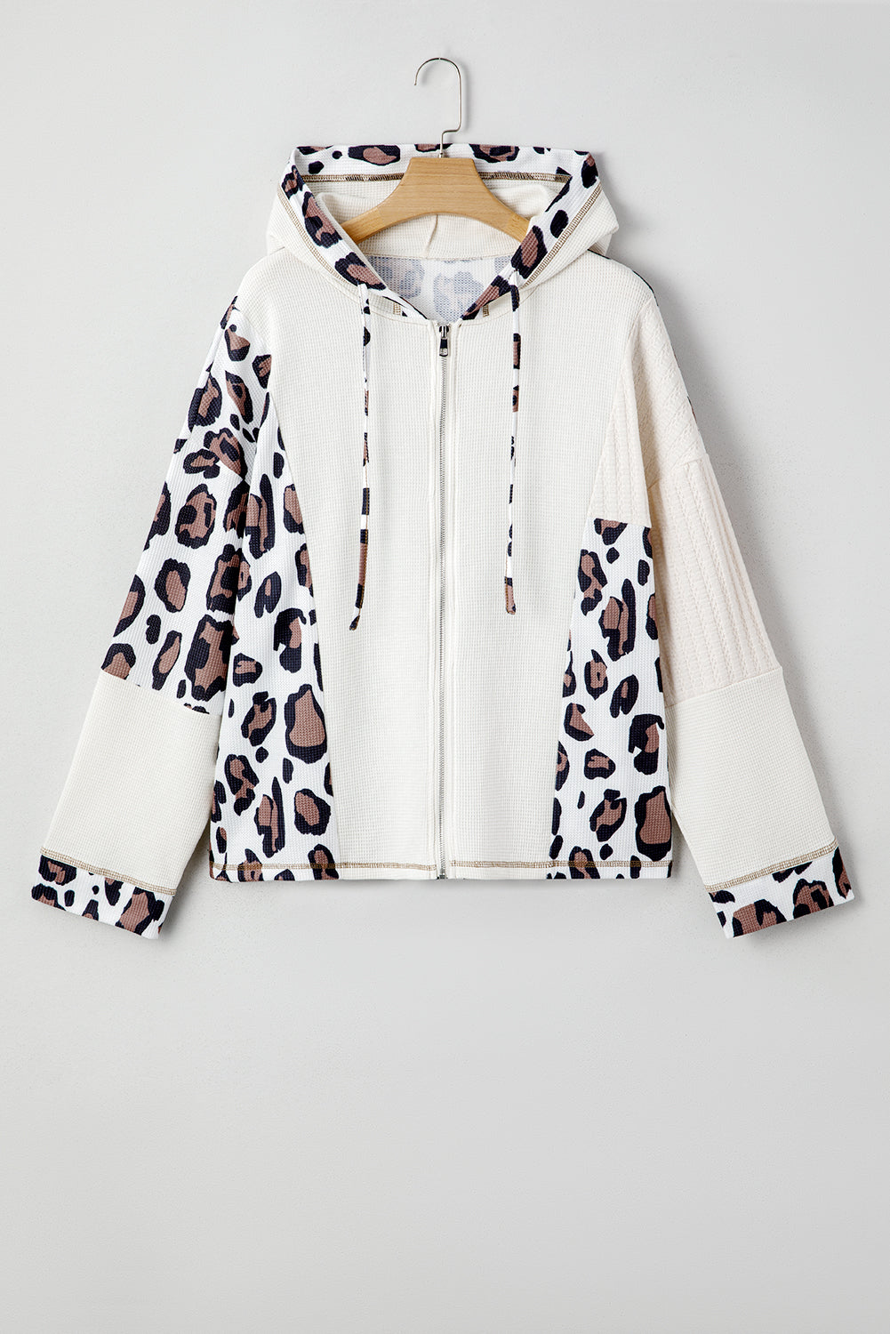 Oversized Leopard Contrast Mixed Texture Patchwork Zip Up Drop Shoulder Hoodie