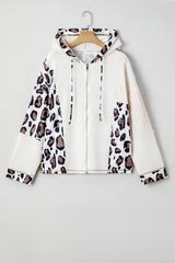 Oversized Leopard Contrast Mixed Texture Patchwork Zip Up Drop Shoulder Hoodie