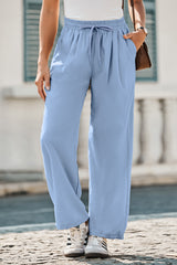 Sky Blue Drawstring Elastic Waistband Pleated Loose Pants