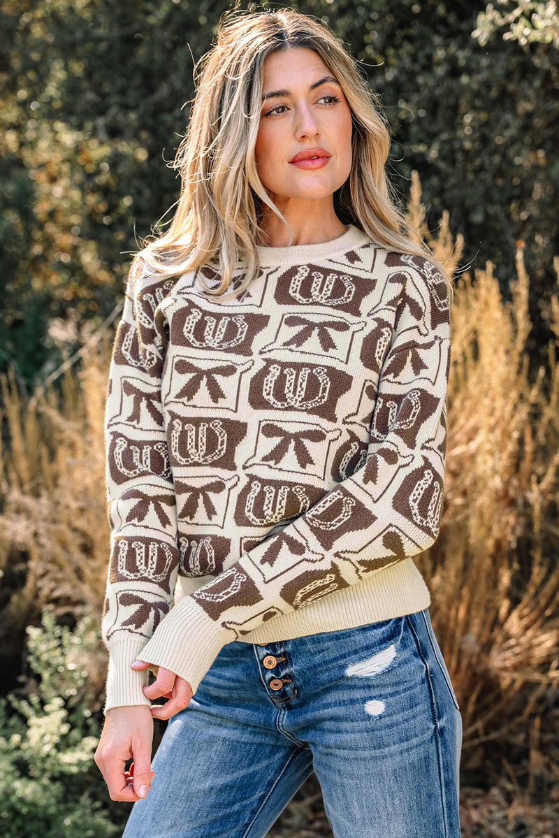 Bows & Horseshoes Pattern Western Fashion Print Sweater