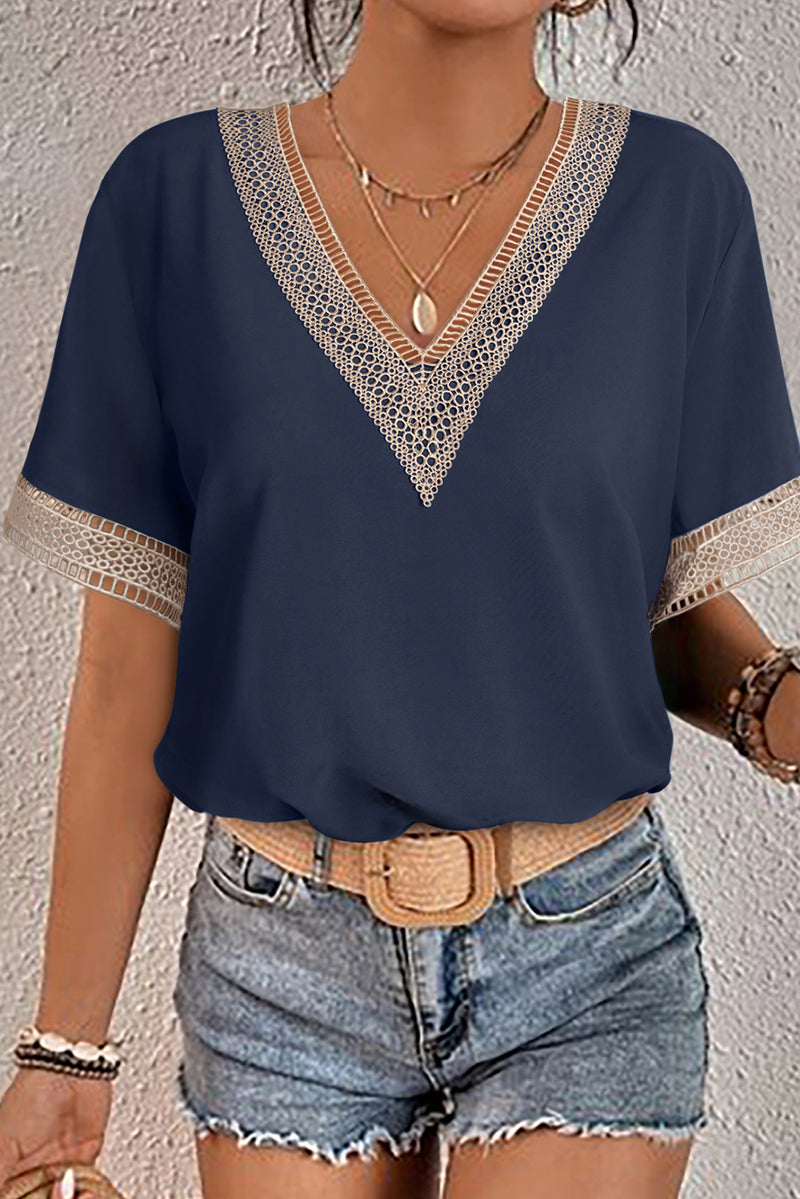 Lace Trim V Neck Short Sleeve Blouse