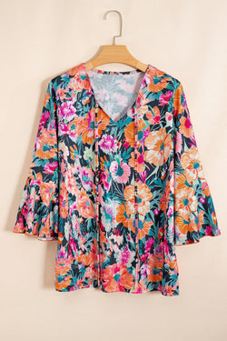Floral 3/4 Flare Sleeve Tied V Neck Blouse