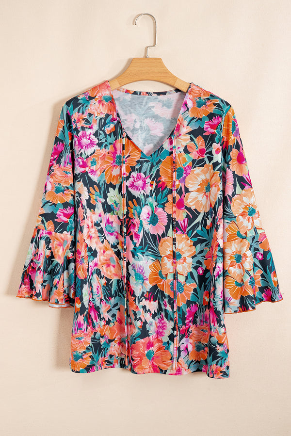 Floral 3/4 Flare Sleeve Tied V Neck Blouse