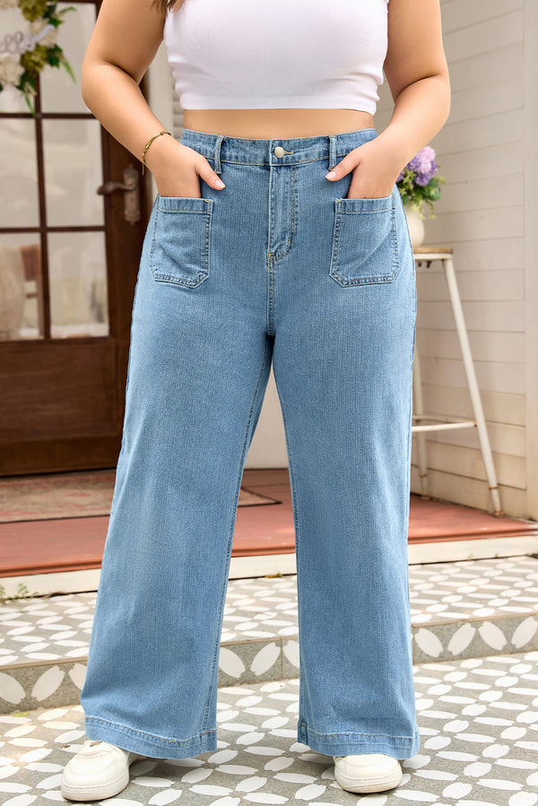 Patched Pocket Textured Wide Leg Plus Size Jeans