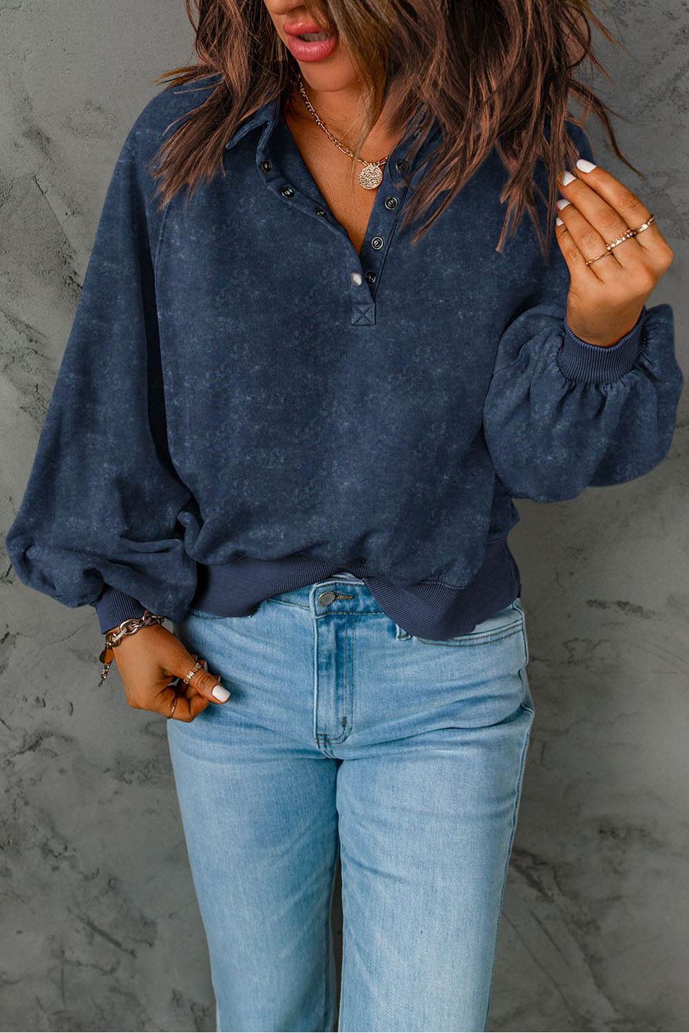 Solid Washed Snap Buttons Lantern Sleeve Pullover Sweatshirt