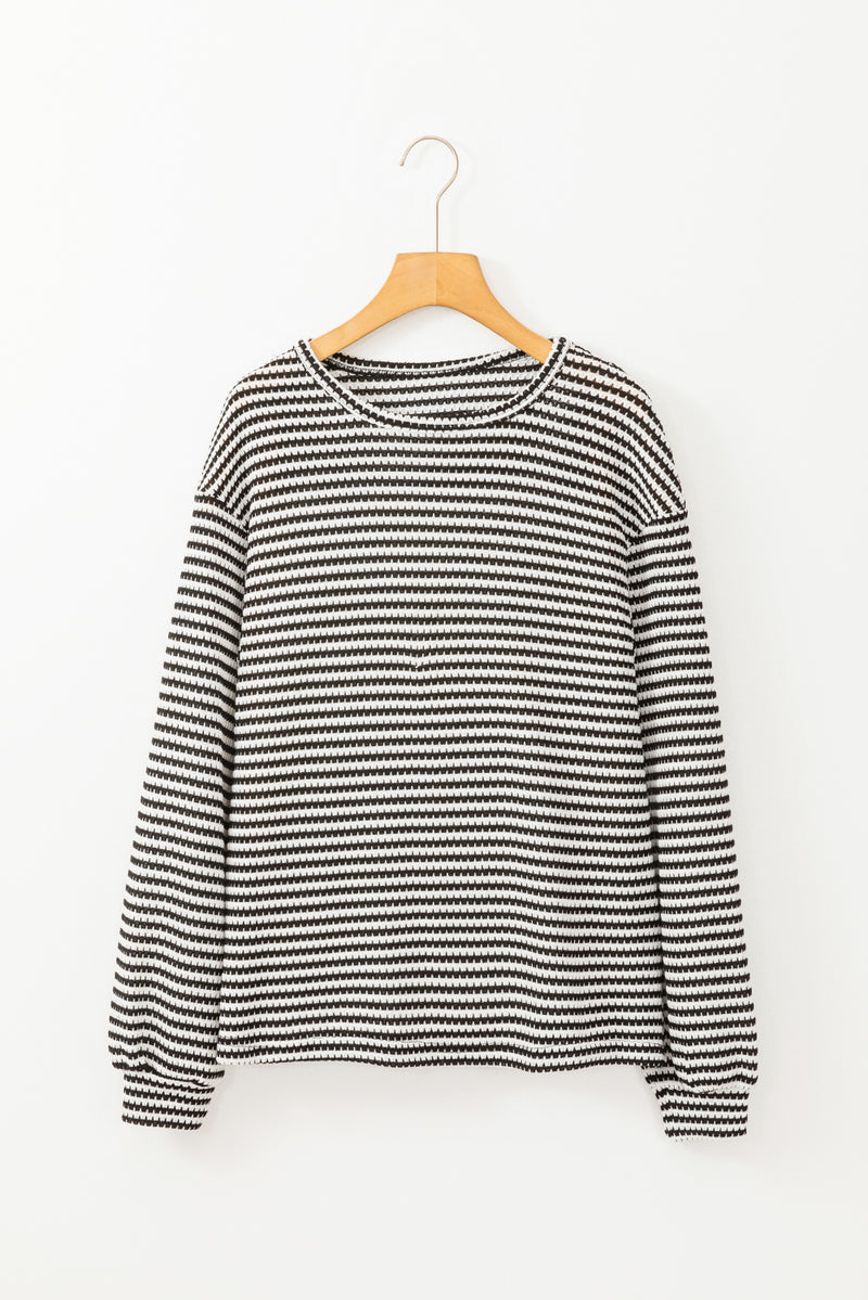 Solid Stripe Round Neck Drop Shoulder Long Sleeve Top