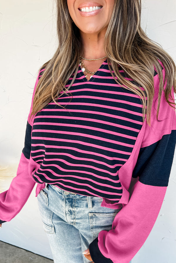 Stripe Color Block V Neck Loose Fit Long Sleeve Top