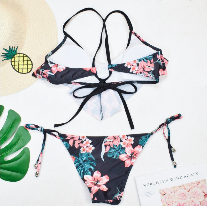 Black Tropical Floral Ruffle Halter Bikini Set sexy print