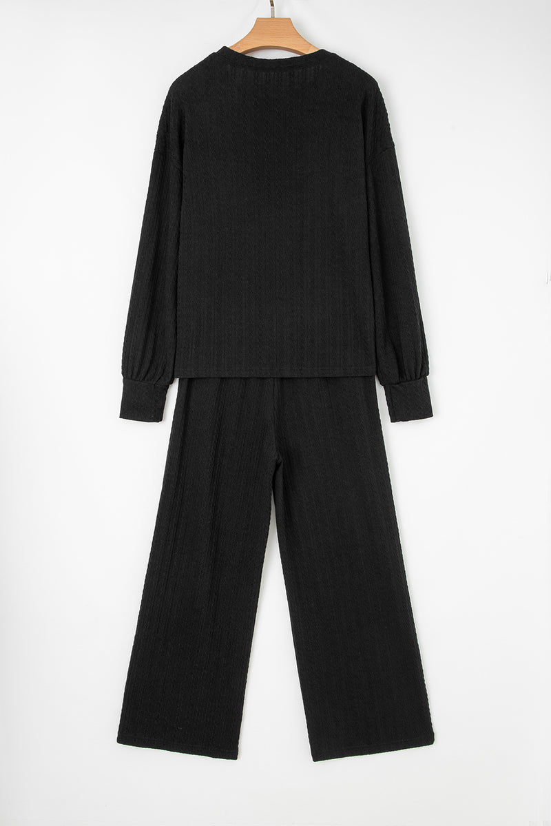 Textured Chest Pocket Long Sleeve Top 2Pcs Pants Set